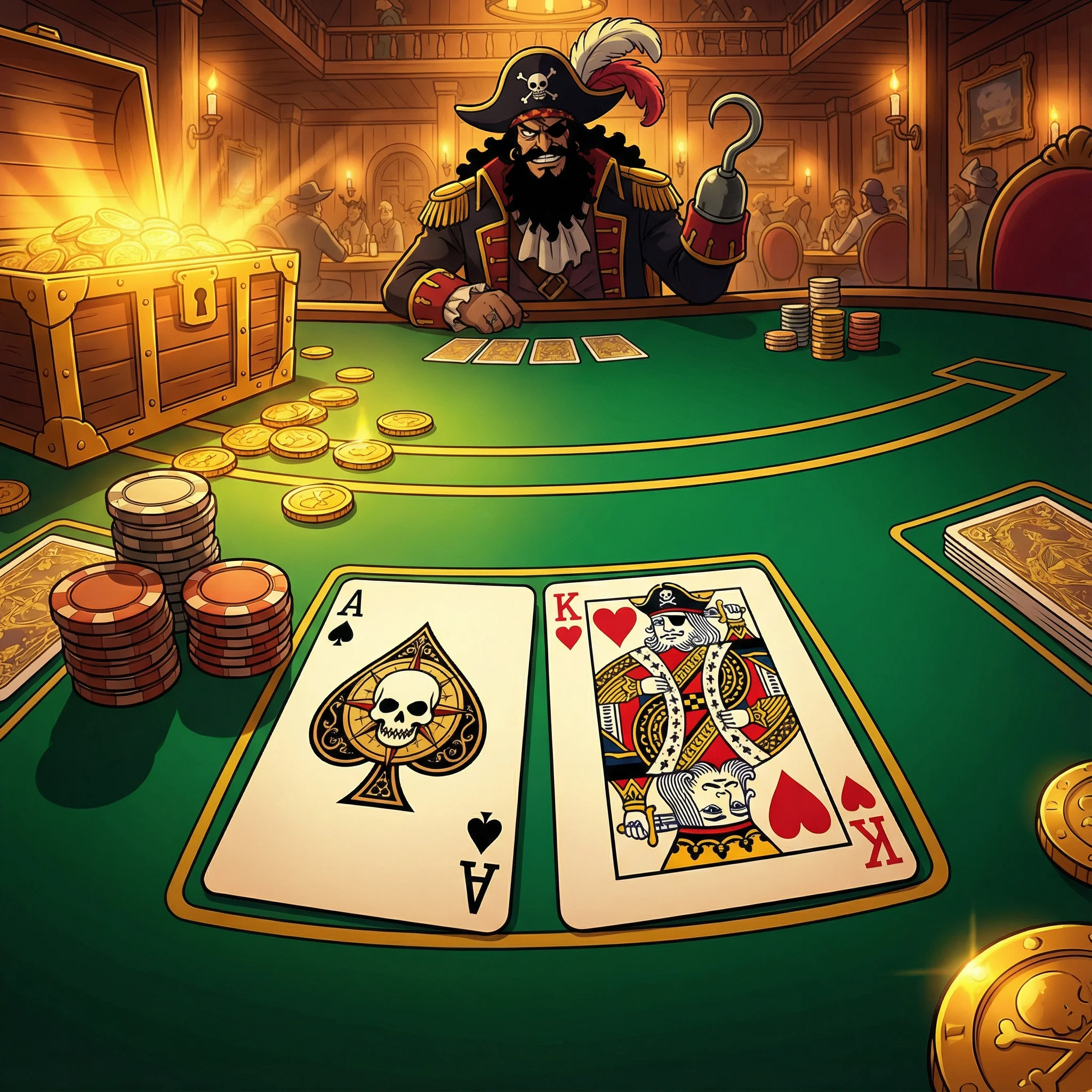 Mesa de blackjack pirata con cartas mostrando 21