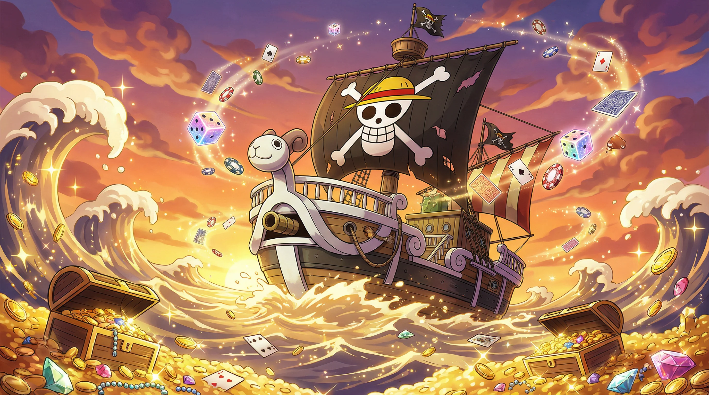 Barco pirata navegando en un mar de tesoros dorados con cartas y fichas de casino volando