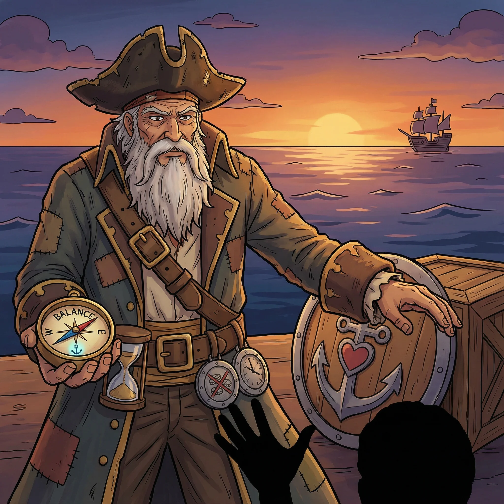 Capitán pirata sabio sosteniendo brújula de equilibrio con símbolos de autocontrol