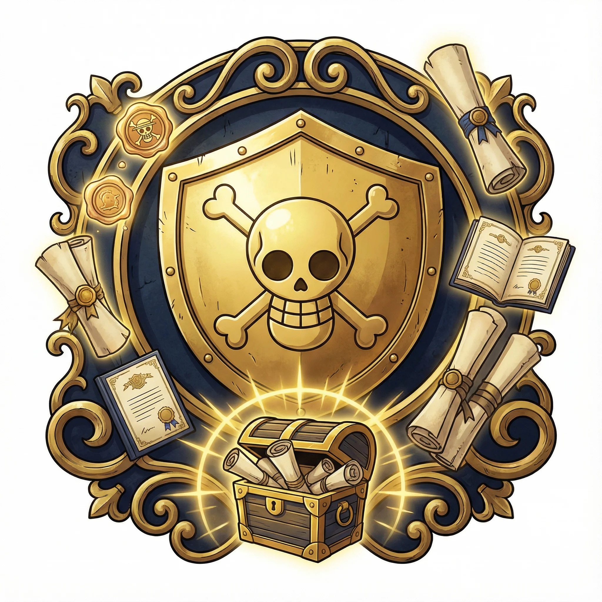 Escudo dorado de seguridad con emblema pirata rodeado de certificados y sellos oficiales