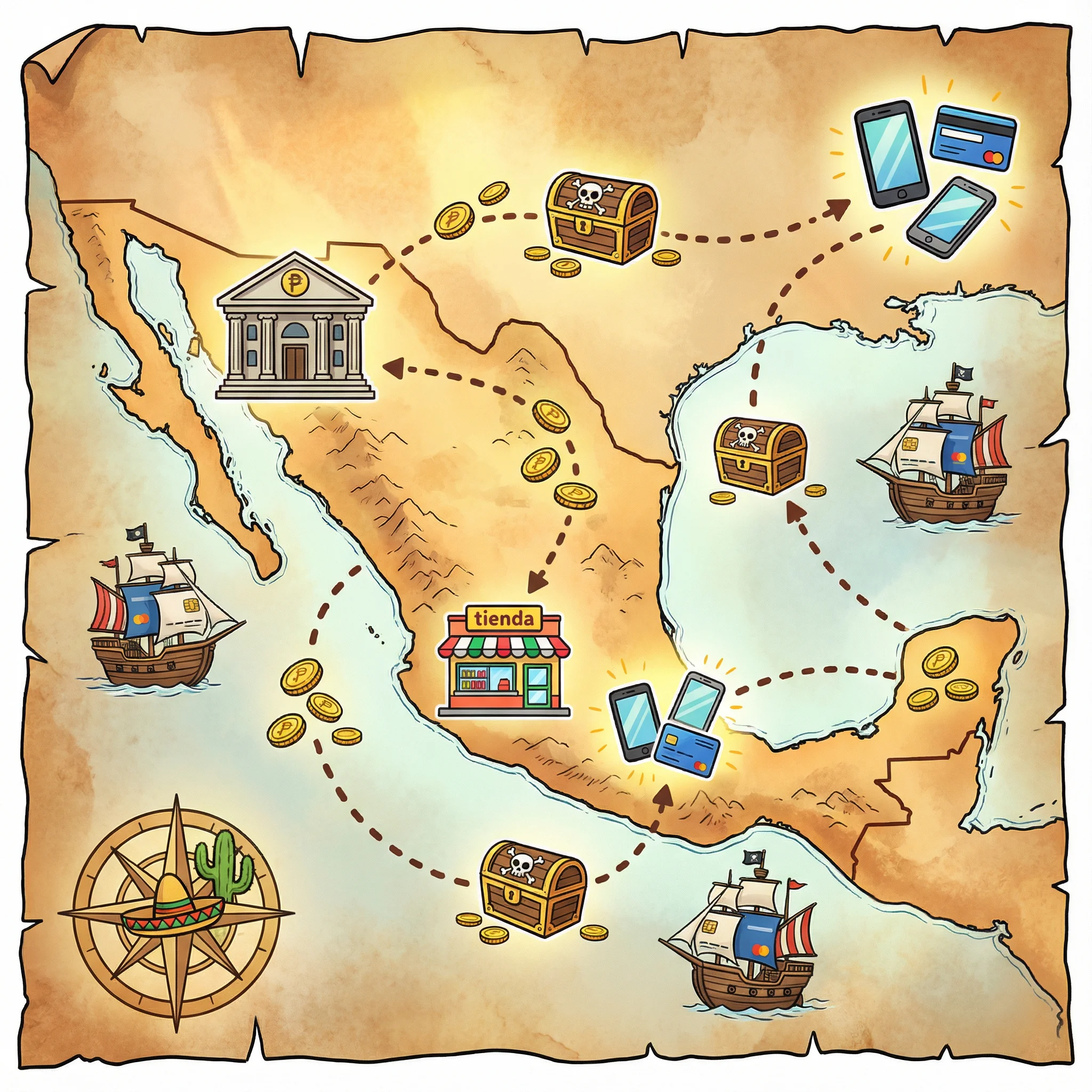 Mapa del tesoro de México mostrando rutas de pago con OXXO, SPEI y métodos digitales