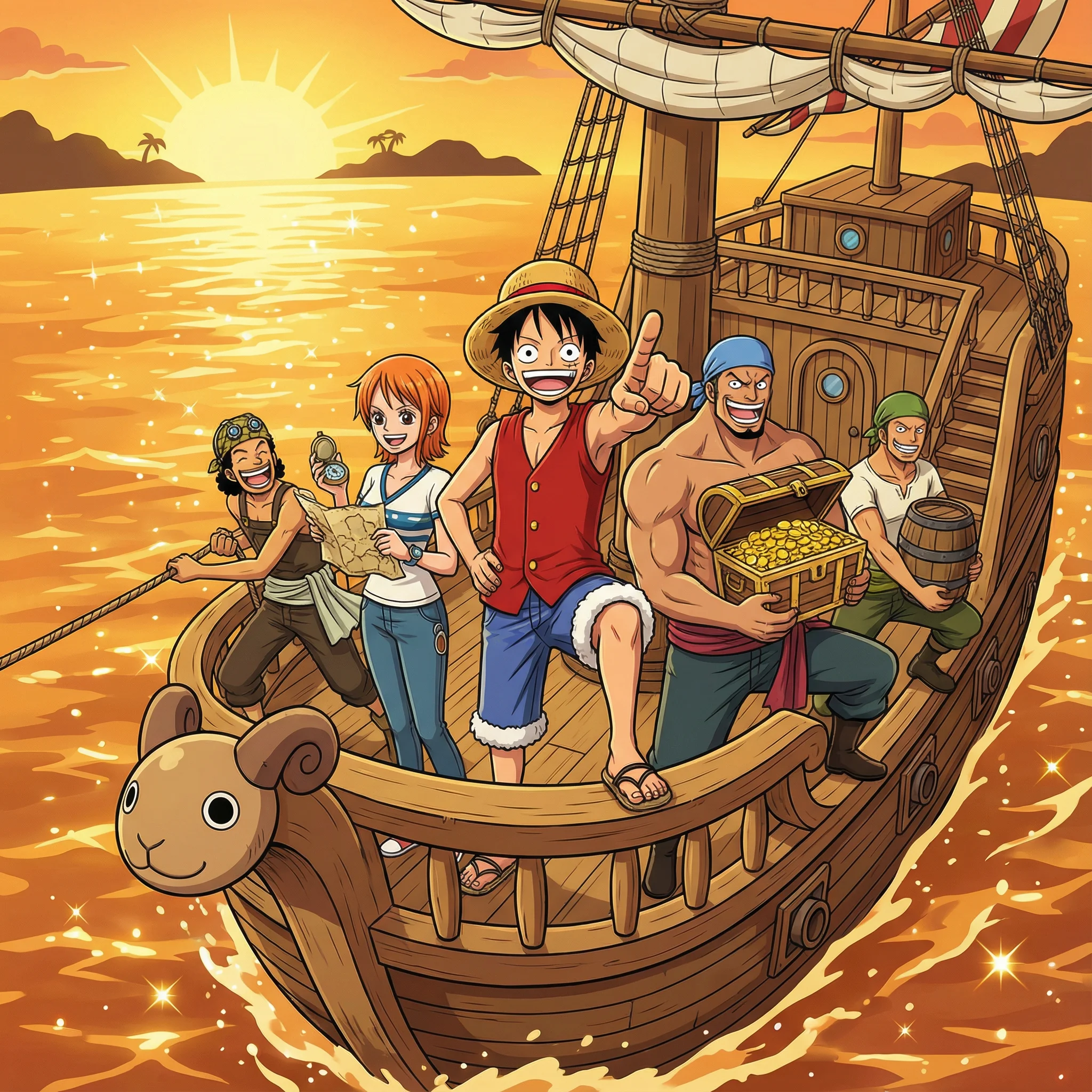 Tripulación de piratas celebrando en un barco con cofres de tesoro al atardecer